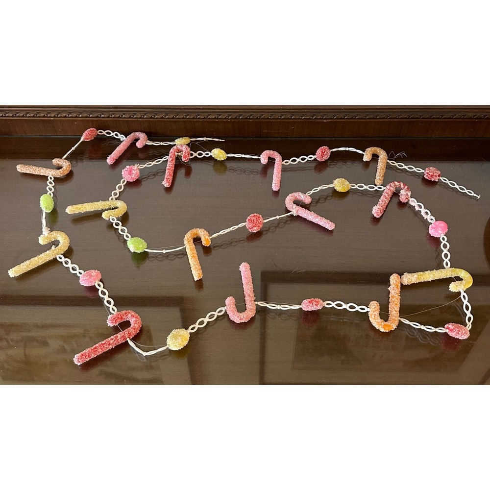Vintage Sugared Candy Cane Christmas Garland Gumdrop Bead Holiday Decor
